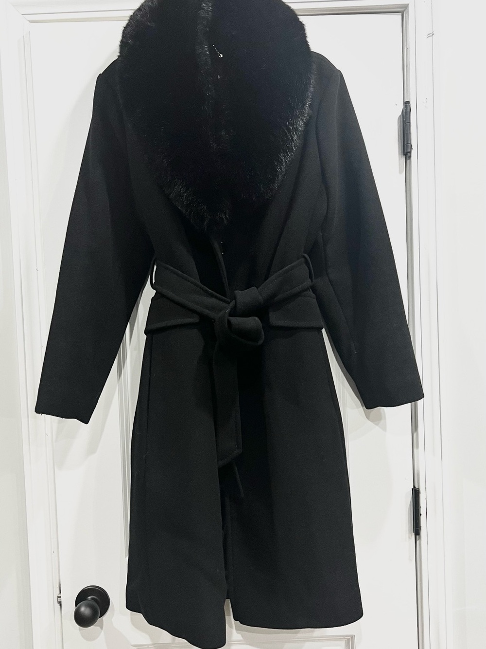 Kate Spade New York Black Wool Faux Fur Collar Belted Coat XL